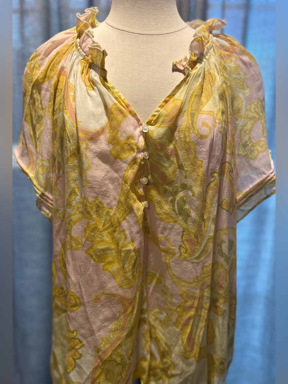 Sharagano Pink and Yellow Paisley Button-Front Blouse